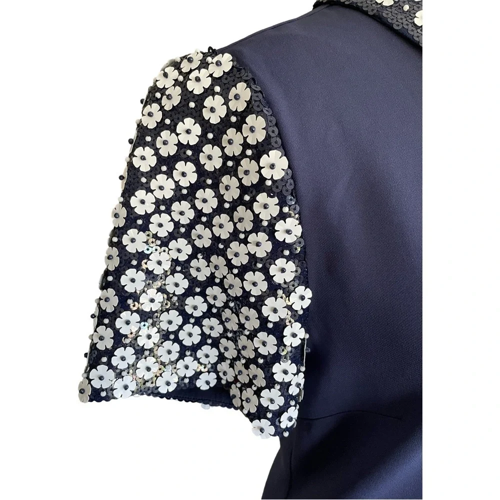 Michael Kors Floral Appliqué Collared Shift Dress Navy Blue and White Size 8